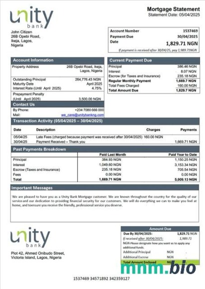 Nigeria Unity Bank wyciąg z kredytu hipotecznego szablon Word i PDF